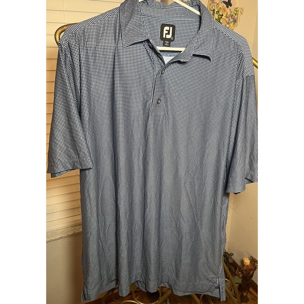 Footjoy Blue Houndstooth Men's Large Golf Performance Polo Shirt Stretch Sporty